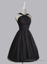 Vintage A Line Straps Knee Length Chiffon Sash Backless Black Party Homecoming Dresses